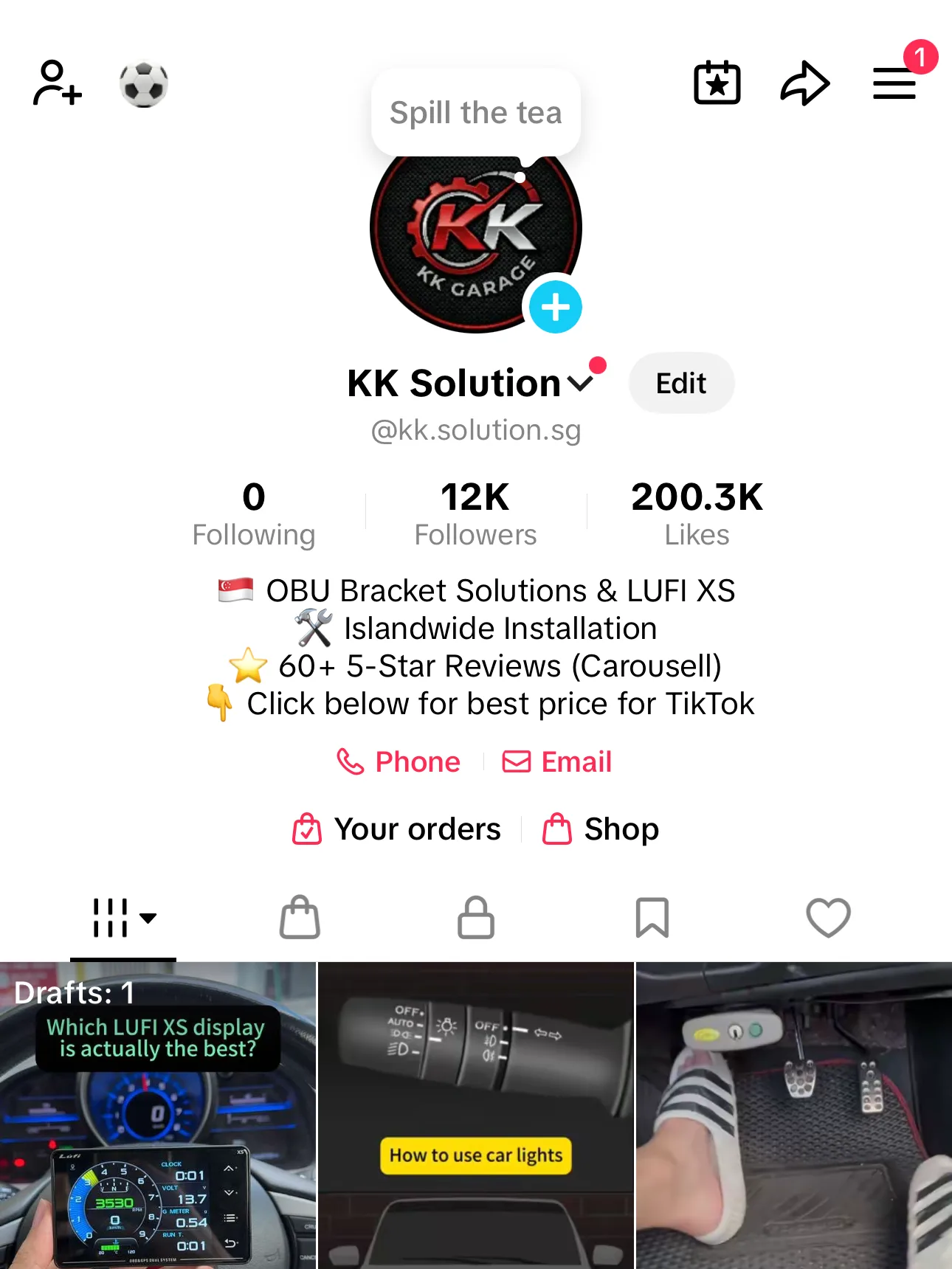 KK Solution TikTok profile with 12K followers and 200.3K likes