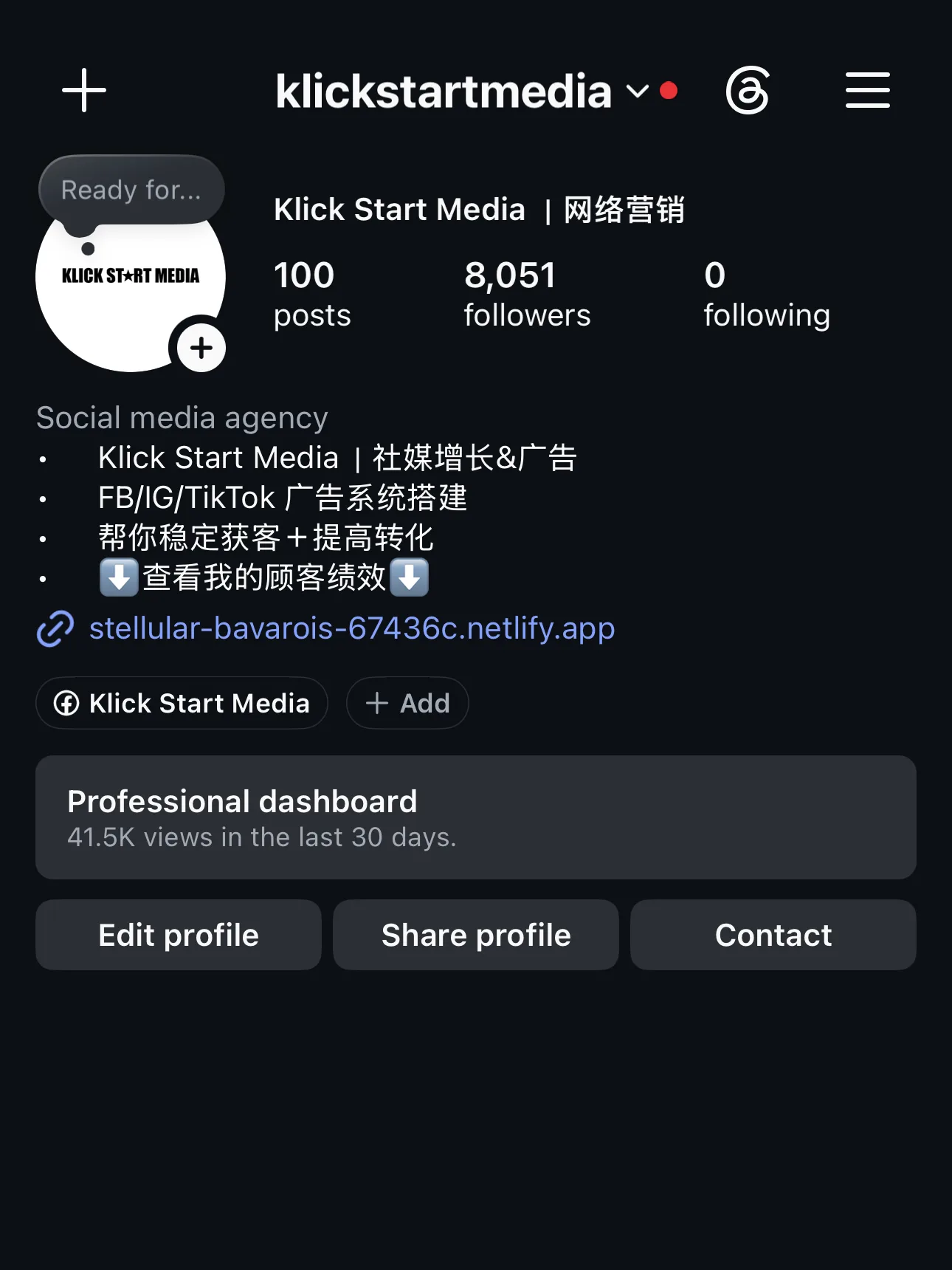 Klick Start Media Instagram profile with 8,051 followers