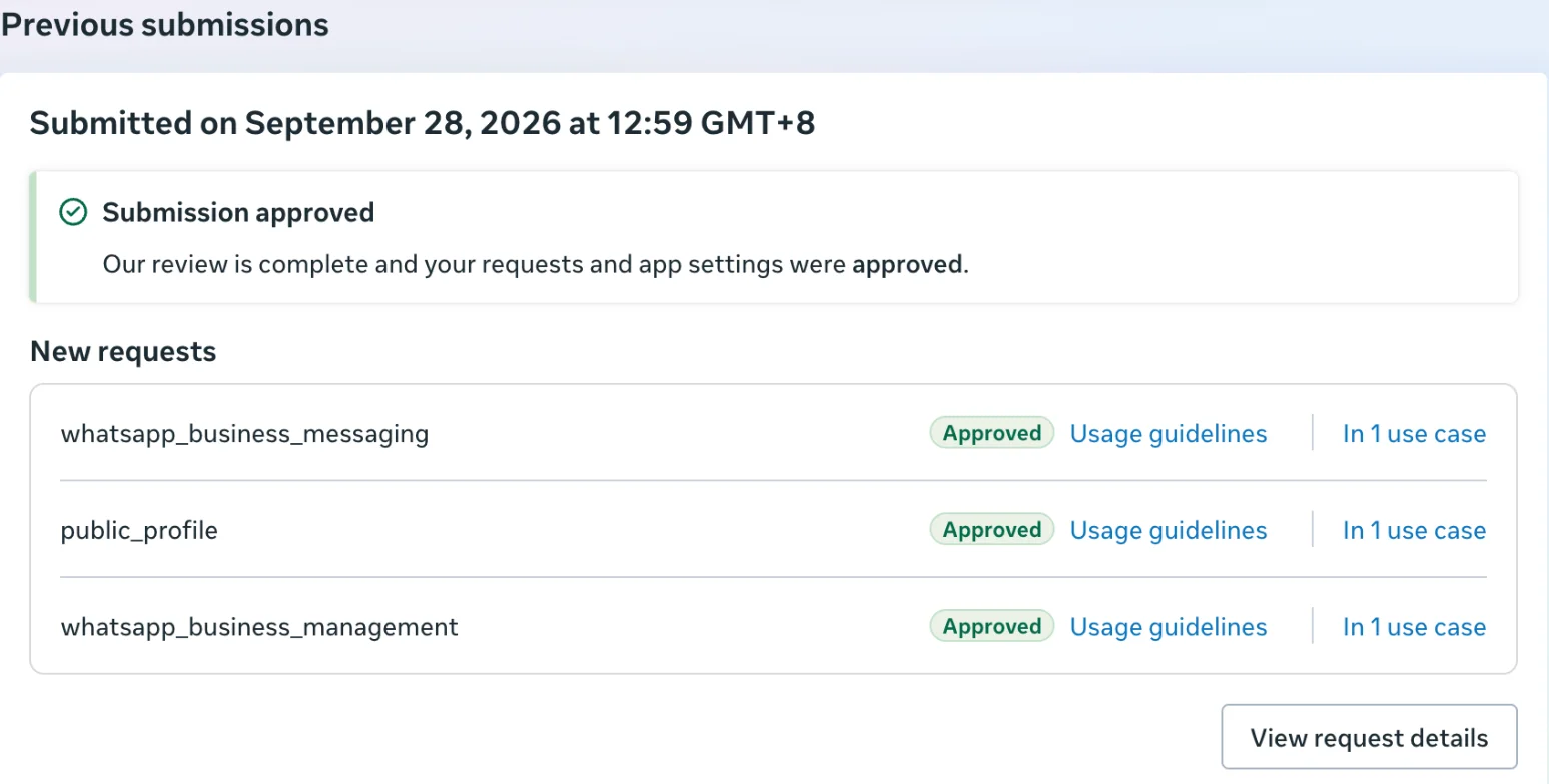 Meta App Review submission approved for WhatsApp Business permissions